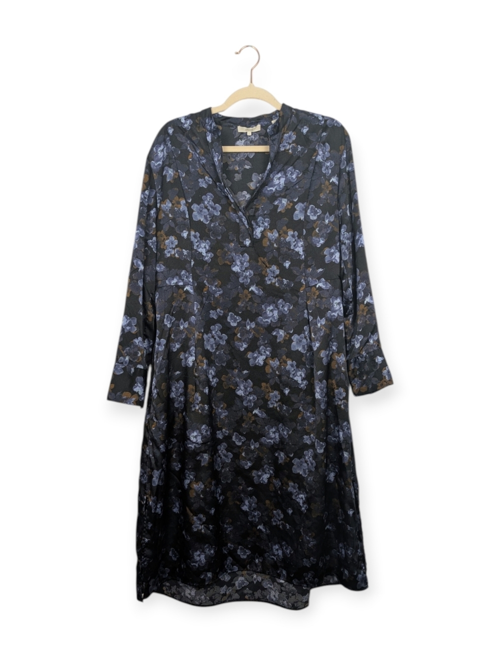 Vince Satin Dress S Blue Floral Plumeria Blooms Long Sleeve Midi